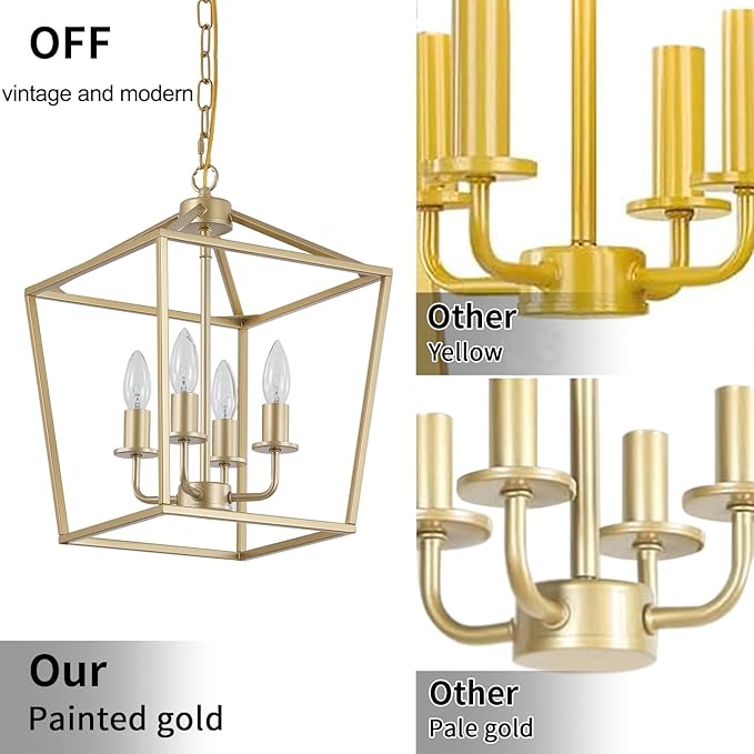 Industrial 4 Lights Chandelier, Gold Lantern Ceiling Light Fixtures with Rustic Metal Cage Adjustable Height Farmhouse Geometric Hanging Light for Kitchen Island, Dining Room, Entryway, UL Listed-Ruum Studio Home