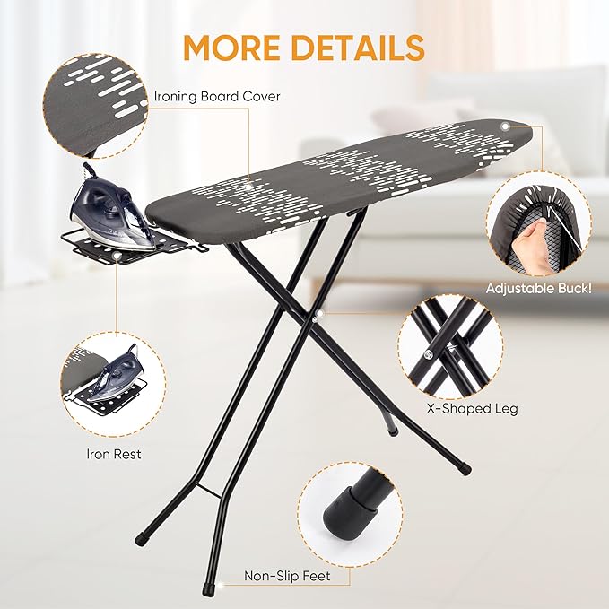 Deluxe Ironing Board with Heat Resistant Cover and Thicken Felt Pad, Safety Iron Rest, 4 Premium Steel Legs, Height Adjustable,Foldable-Ruum Studio Home
