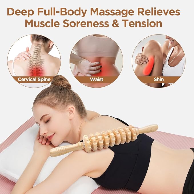 Wooden Cellulite Massage Roller for Legs and Thighs - Handheld Fascia Blaster Tool for Muscle Relief, Lymphatic Drainage & Body Sculpting - Anti Cellulite Massager for Women and Men (9 Wheel)-Ruum Studio Home