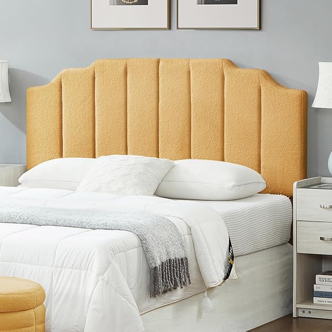 24KF Yellow Teddy Fabric Tufted for Queen Upholstered Headboard, Modern Vertical Channel Design Full Headboard with Stepped Silhouette Top Edge,6026-Q-Teddy Yellow-Ruum Studio Home