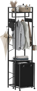 Coat Rack with Laundry Basket, Laundry Hamper Freestanding Hall Tree, Clothes Rack with Storage Shelves, 14.5 Gal Removable Bags on Wheels, Black JLH005B-Ruum Studio Home