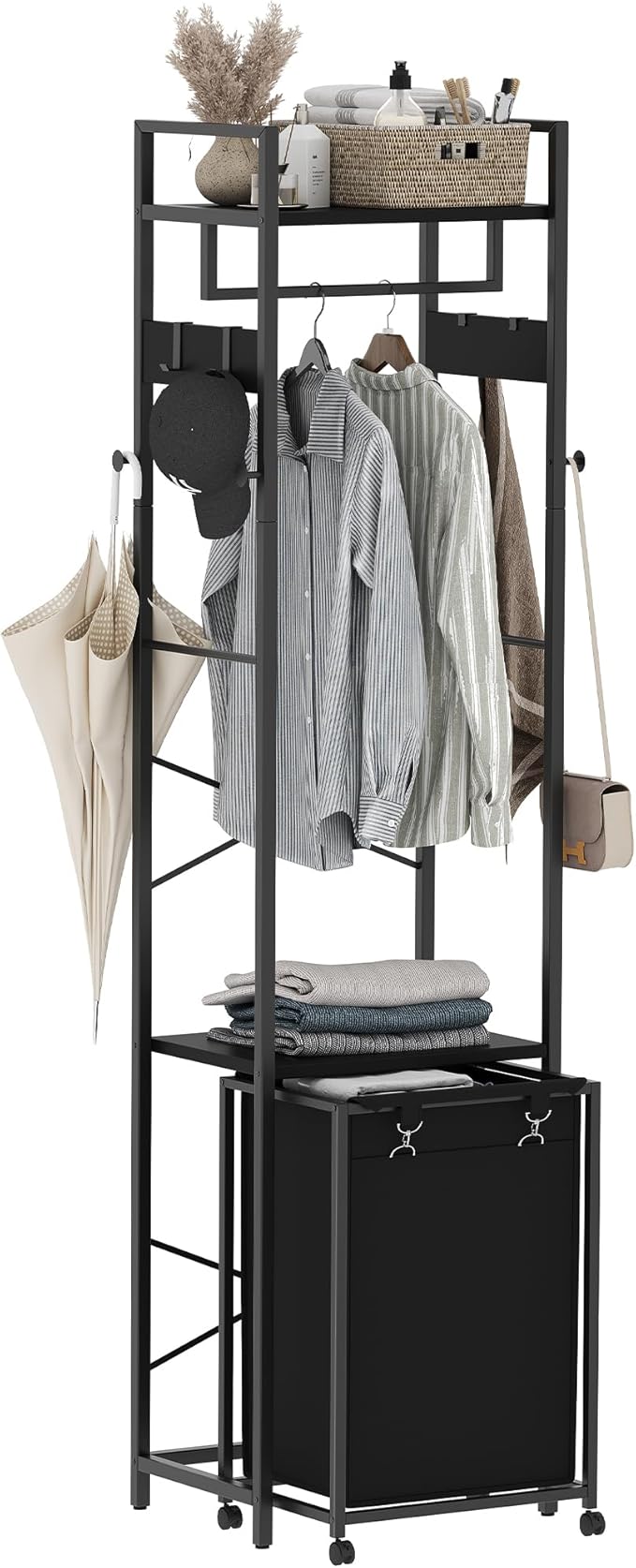 Coat Rack with Laundry Basket, Laundry Hamper Freestanding Hall Tree, Clothes Rack with Storage Shelves, 14.5 Gal Removable Bags on Wheels, Black JLH005B-Ruum Studio Home