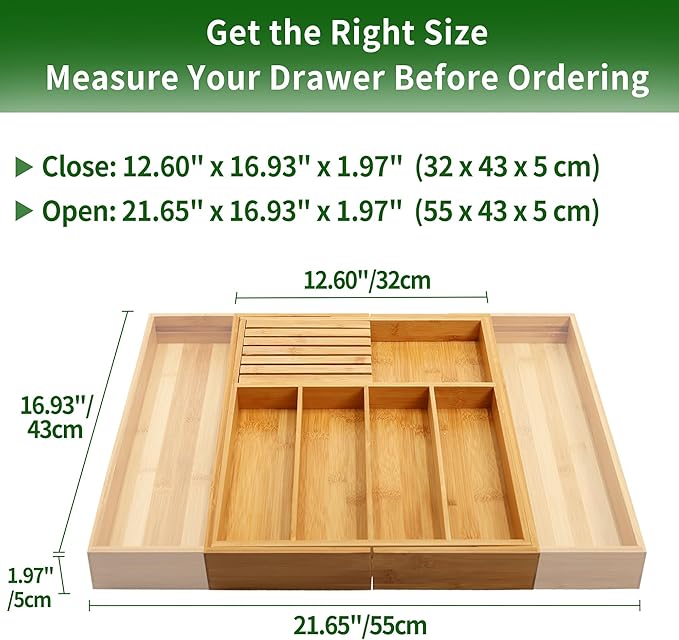 VaeFae Bamboo Silverware Drawer Organizer Kitchen, Expandable Utensil Organizer with Knife Block, Cutlery Tray with Divider, Multifunctional Wooden Drawer Organizer-Ruum Studio Home