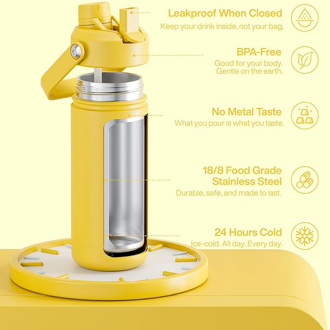 Insulated Water Bottle with Straw Stainless Steel Water Bottle, Leak-Proof, BPA-Free, Double Wall Vacuum Keeps Cold for 24 Hours for Sports, Travel, School (18 oz, Elfin Yellow)-Ruum Studio Home