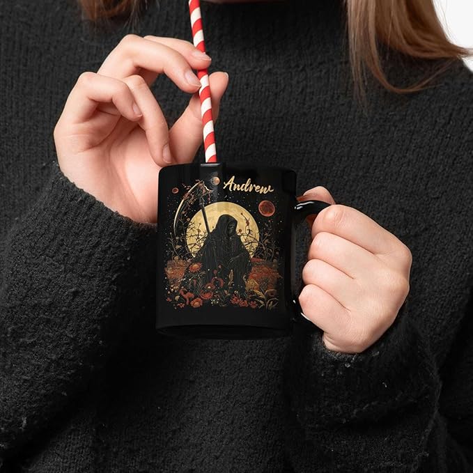 Custom Name Coffee Mug, Halloween Inspired Ceramic Cup 11oz 15oz, Personalized Spooky Reaper Coffee Cup, Halloween Character White Mug with Moon and Floral, Gifts for Men, Women-Ruum Studio Home