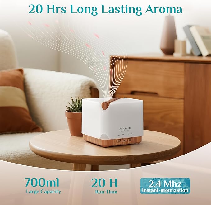 ASAKUKI Essential Oil Diffuser 700ml, Ultrasonic Aromatherapy Humidifier with Top 6 Essential Oils Set, 7 LED Colors, Timer & Auto-Off, Large Room Diffuser-Ruum Studio Home