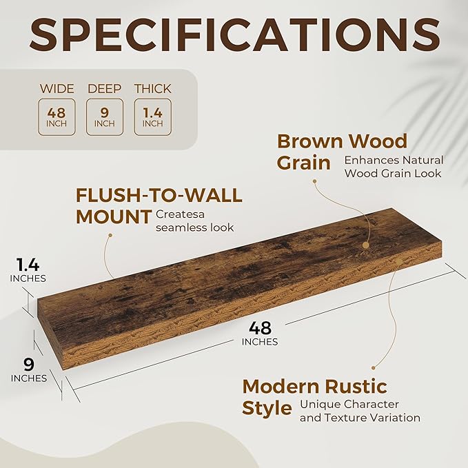 48 inch Floating Shelves for Wall Large Wall Mounted Shelves with Invisible Brackets, Brown Long Shelves for Bathroom, Living Room, Kitchen, Office, 48x9.1 inch deep Set of 2-Ruum Studio Home