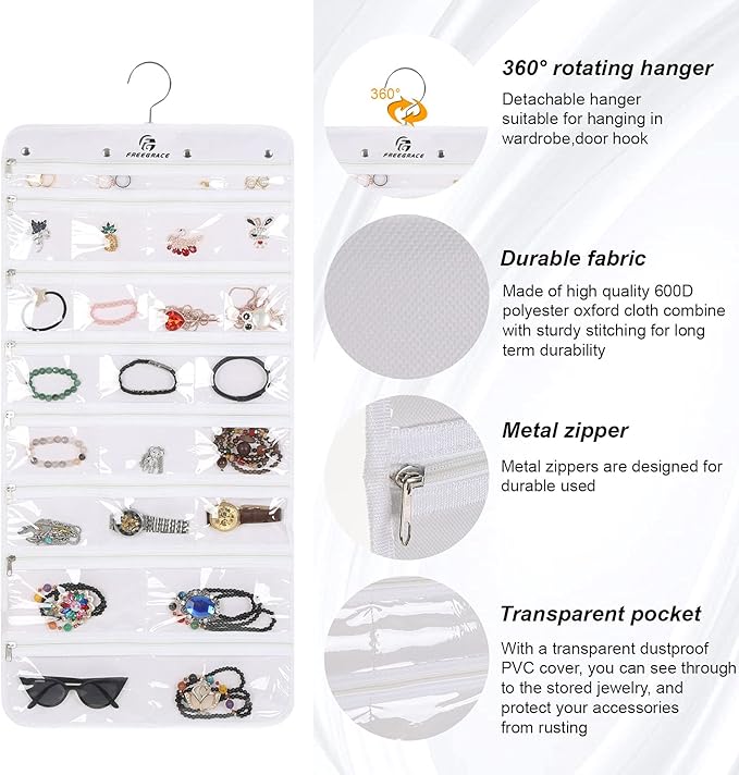 Freegrace Hanging Jewelry Organizer Revolving Hanger - Secure Zipper Closure - 25 Pockets,23 Hooks - Foldable Storage & Display Solution - For All Jewelry & Bijoux (White)-Ruum Studio Home