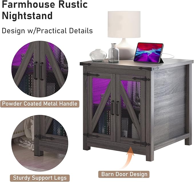 Farmhouse End Table, 24" Large Sofa Side Table with Charging Station, Mesh Barn Door, and Adjustable Storage Shelf, Rustic Wood Square Nightstand for Living Room, Bedroom, Office, Grey-Ruum Studio Home