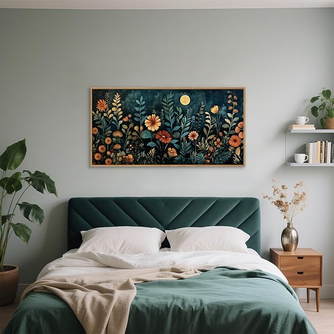 Vintage Dark Botanical Framed Canvas Wall Art Set, Colorful Floral Wall Decor, Nature Wildflower Wall Painting, Colorful Blossom Art Prints for Living Room, Bedroom, Office - 20"X40"x1-Ruum Studio Home