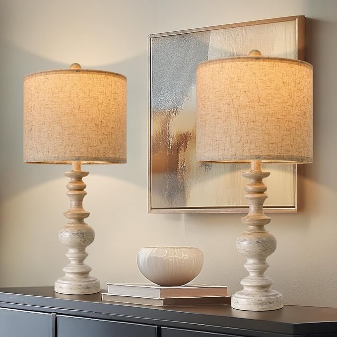 BOBOMOMO 24" Farmhouse Resin Table Lamp Set of 2, Vintage Lamps for Living Room Bedroom with Linen Shades, Traditional Rustic Bedside Lamps Retro Table Lamps for Living Room, Bedroom, Office-Ruum Studio Home