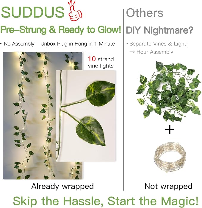 suddus 200 LED Vine with Light Plug in, 6.5ft x 6.5ft Pothos Fairy Curtain Lights with Remote, Leaf Fairy Lights for Wall,Bedroom, Dorm, Wedding, Party, Indoor Decor(Warm White)-Ruum Studio Home
