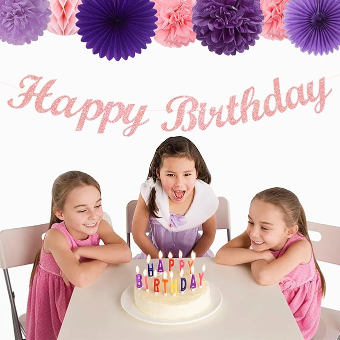 Purple Pink Birthday Party-Decorations Paper-Flowers - 14pcs Happy Banner Lavender Lanterns Tissue Pom Poms,Lilac Streamers Garland Fans Honeycomb,Women Girls Adult Kids Hanging Supplies Decor Hugfond-Ruum Studio Home