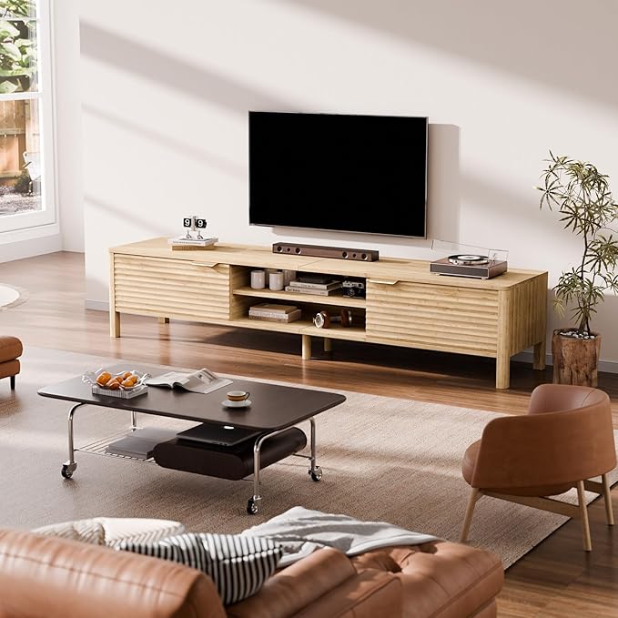 TV Stand for Living Room - up to 80 Inch TVs Mid Century Modern Entertainment Center with Storage and Adjustable Shelves, Media Console Table Oak 70"-Ruum Studio Home