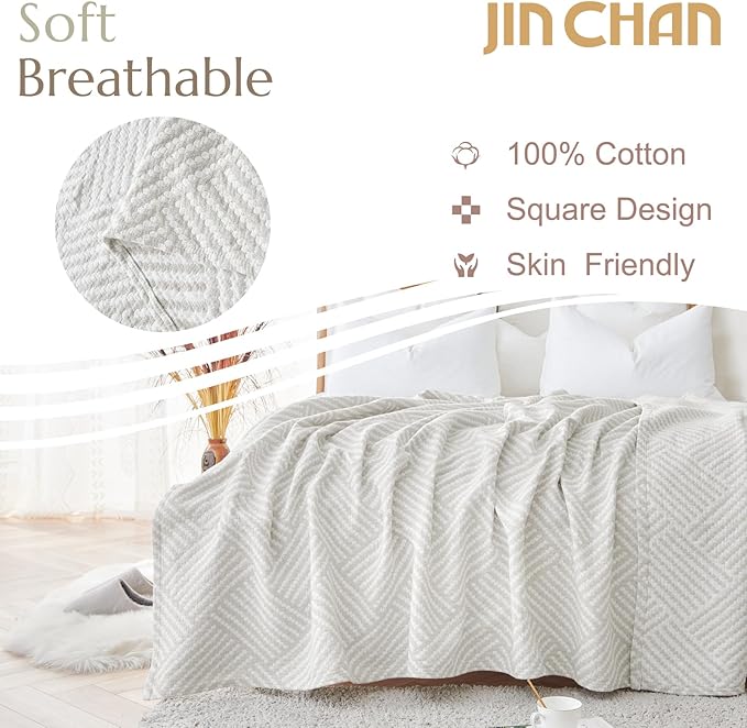 jinchan Boho 100% Cotton Blanket Muslin Twin Size 60x80 Inches Lightweight 3-Layer Geometric Square Pattern Reversible Quilt Throw Soft Breathable Comfy All Seasons for Couch Bed Decor, Light Grey-Ruum Studio Home