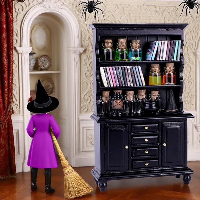 56 Pcs Halloween Miniatures Decorations 1:12 Scale Magic House Accessories Mini Wooden Bookshelf Furniture Set Tiny Sorcery Bottles Books Desk Chair Witch Hat Dollhouse Decor-Ruum Studio Home