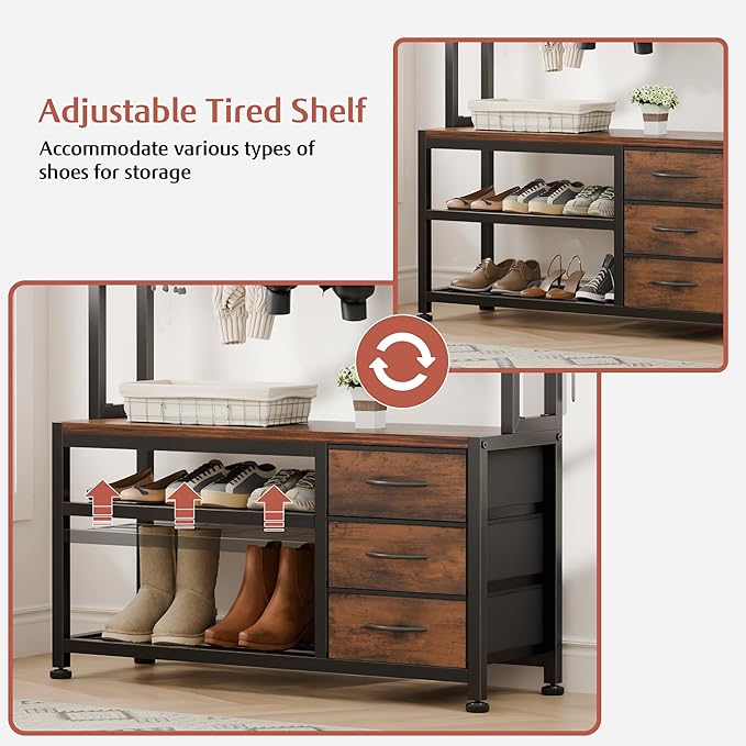 Lulive Hall Tree with Bench and Shoe Storage, 31.5" Coat Rack Freestanding with 2-Tier Storage Shelf, 6-in-1 Entryway Bench Coat Rack with 12 Hooks and 3 Drawers(Rustic Brown)-Ruum Studio Home