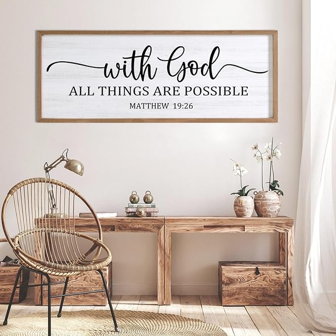 With God All Things are Possible Framed Wall Art, 40''×15'' Natural Religious Rustic Bible Verse for Christian God Jesus Christ Prayer, Holy Positive Horizontal Inspirational Catholic Scripture Decor-Ruum Studio Home
