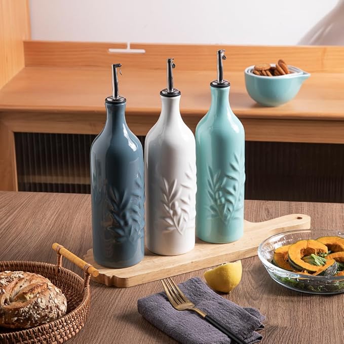 Sweejar Large Ceramic Olive Oil Dispenser Bottle, 24 Oz Relief Opaque Oil Cruet Protects Oil To Reduce Oxidation, Storage Vinegar, Soy Sauce, Coffee Syrup, Liquids, Set of 1 (Fog blue)-Ruum Studio Home