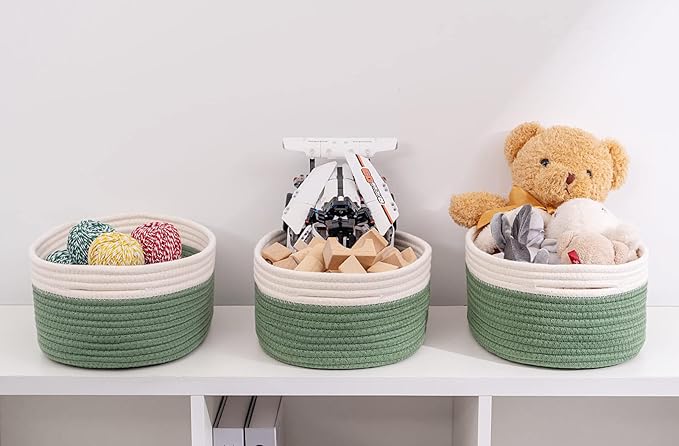 Shelf Storage Baskets for Organizing|Cute Basket for Closet&Blanket Storage|Small Woven Baskets to Store Toys,Books,etc.-13x8.66x5.11’’ Cotton Rope,Stylish,Oval 3 Packs Off White&Green-Ruum Studio Home