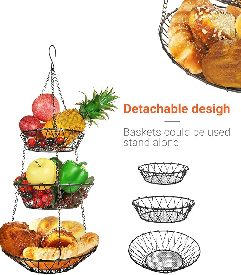 3 Tier Hanging Basket with Sturdy Metal Chain Hanging Hooks Fruit and Vegetable Basket Heavy Duty Wire Organizer Space Saving Rustic Country Style Kitchen Storage-Ruum Studio Home