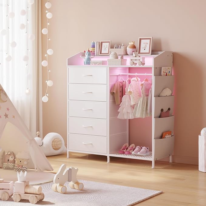 LUMTOK Modern 5 Dresser with LED Hanging Rack, Dresser with Clothes Rack, Hanger Rack, and Storage Drawers, Drawer Dressers with Coat Racks for Bedroom Living Room, Entryway, Closets (White)-Ruum Studio Home