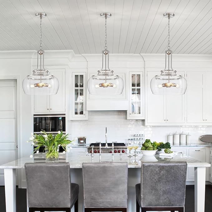 WUZUPS Chandelier Rustic Farmhouse Industrial Round Ceiling Pendant LED Light Fixture Clear Seeded Glass Shade for Dining Room Kitchen Island Foyer Entryway, H 20.9" x W 15.9", Brushed Nickel-Ruum Studio Home