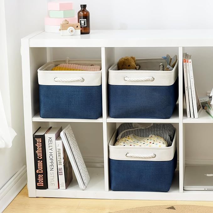 TcaFmac Organization and Storage Basket for Gifts Empty - 16x12x8 inch Large 4 Pack Collapsible Storage Box for Organizing, Fabric Storage Cubes for Cloth Toy Books Shelves(White & Jean Blue)-Ruum Studio Home
