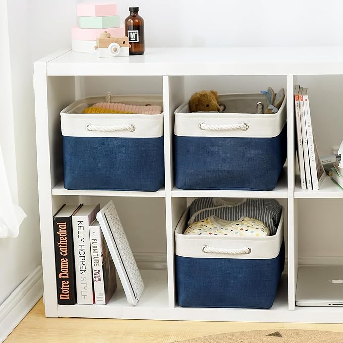 Organization and Storage Basket for Shelves - 16x12x8 inch Large 3 Pack Canvas Storage Bin Collapsible Baskets for Organizing, Fabric Storage Cubes for Cloth Laundry (White&Deep Blue)-Ruum Studio Home