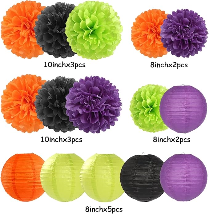 Black-Orange Purple Green Halloween Party-Decorations - 15PCS Paper Flowers Lanterns Tissue Pom Poms Streamers,Vintage Birthday Baby Shower Bachelorette Wedding Bathroom Hanging Supplies Decor Hugfond-Ruum Studio Home