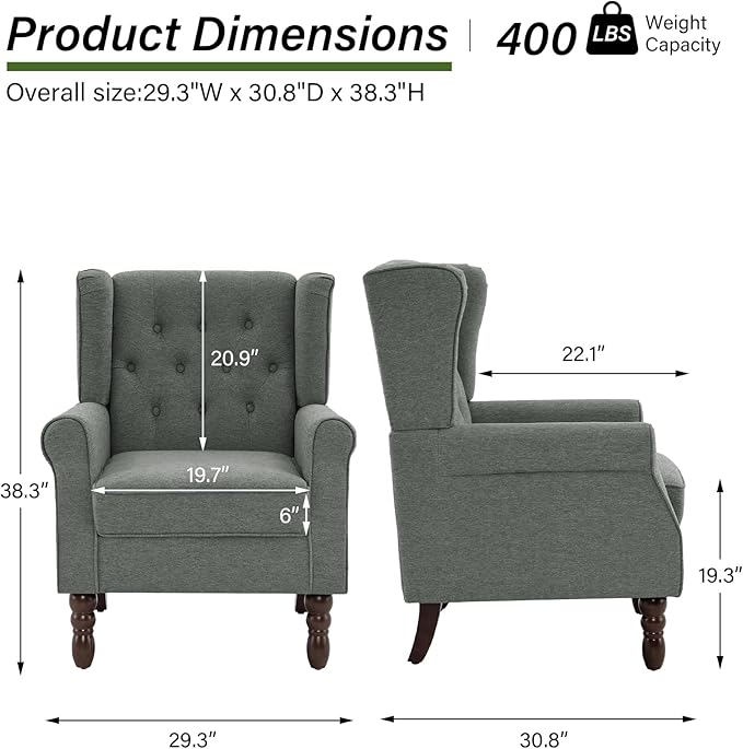 Accent Chair, Upholstered Armchair with Button Tufted High Back & Solid Wood Legs, Comfy Wingback Reading Single Sofa Chair for Small Spaces, Living Room, Bedroom (Grey, Set of 1)-Ruum Studio Home