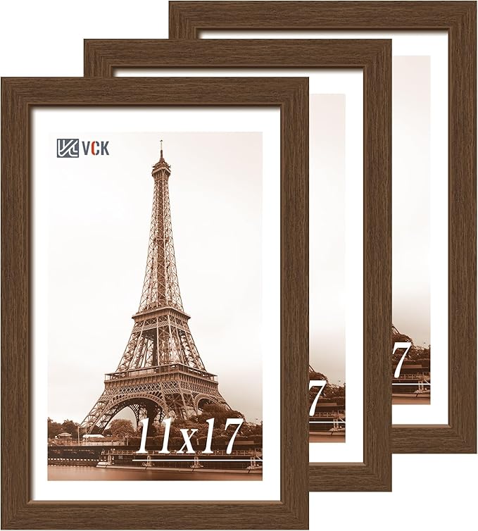 VCK 11x17 Picture Frame 3 Pack, Brown Wood Poster Frame with Exclusive Wood Grain, Wall Mounting Hanging-Ruum Studio Home