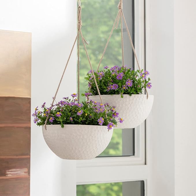 LA JOLIE MUSE 10 Inch Hanging Planters for Indoor Plants, Outdoor Garden Planter Pots, White, Honeycomb, Set of 2-Ruum Studio Home