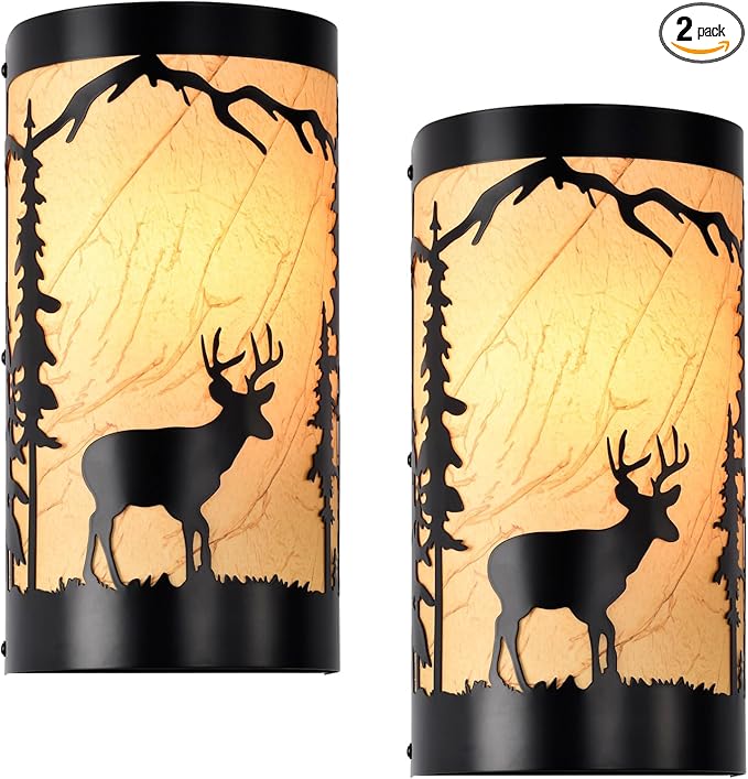 Wall Sconces Set of Two,Deer Metal Yellow Parchment Rustic Wall Sconces,Farmhouse Matte Black Wall Mount Lamp,Vintage Bedroom Wall Lights,Indoor Wall Lamps for Living Room,Hallway,Porch-Ruum Studio Home