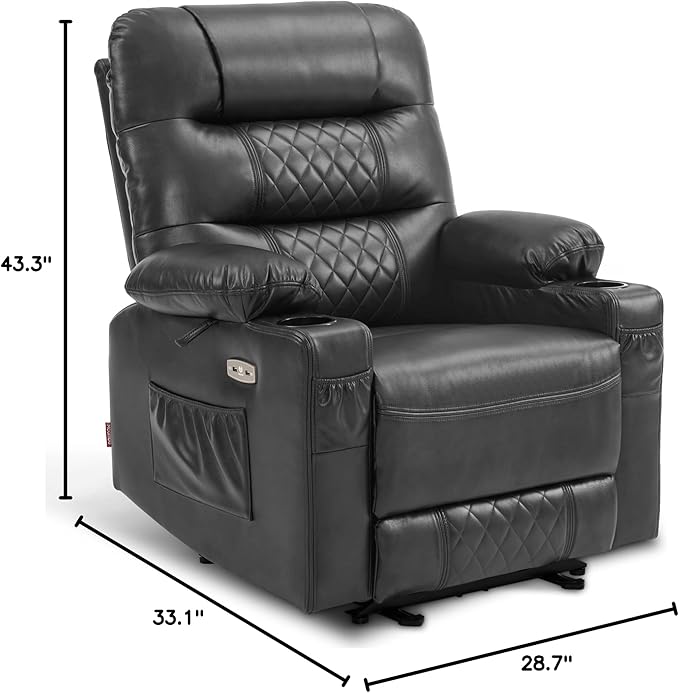 MCombo Zero Gravity Power Recliner Chair with Heat and Vibration Massage, Reclining Chair with USB Ports, Cup Holders for Living Room, Faux Leather PR621 (Grey)-Ruum Studio Home