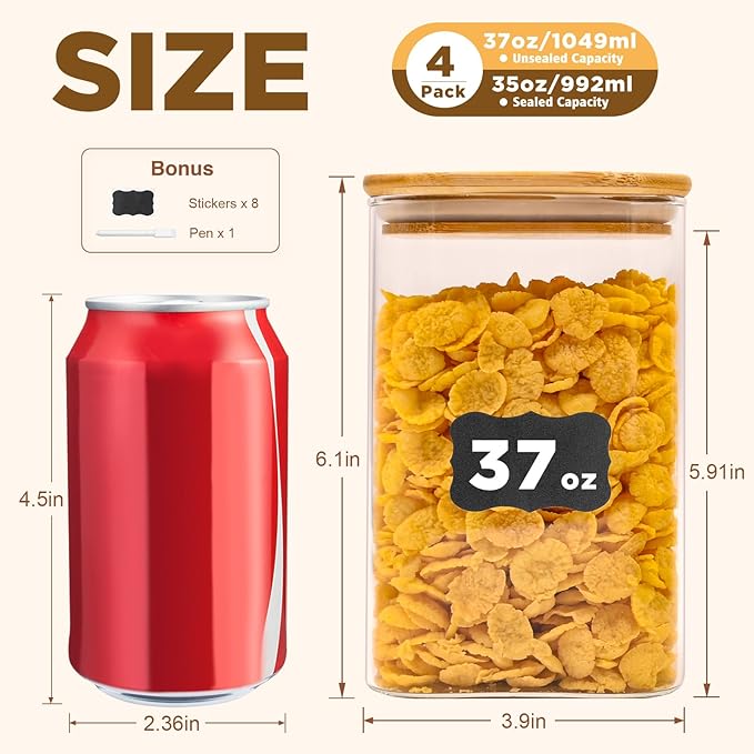 Glass Food Storage Jars Square 37oz, 4 Pack Glass Jars With Bamboo Lids, Kitchen Storage Containers For Spice, Candy, Cookie, Storage For Pantry Organizers-Ruum Studio Home