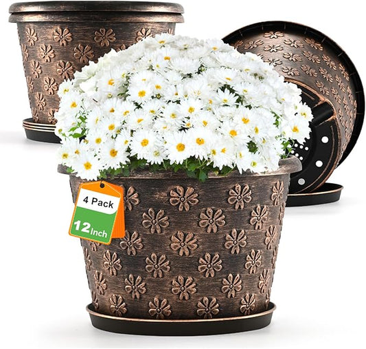 12 Inch Planter Pots for Plants, Plastic Large Flower Pots Indoor Outdoor, 4 Pack Resin Plant Pot with Drainage & Saucer, Retro Decorative Garden Pot with Removable Trays for House-Ruum Studio Home