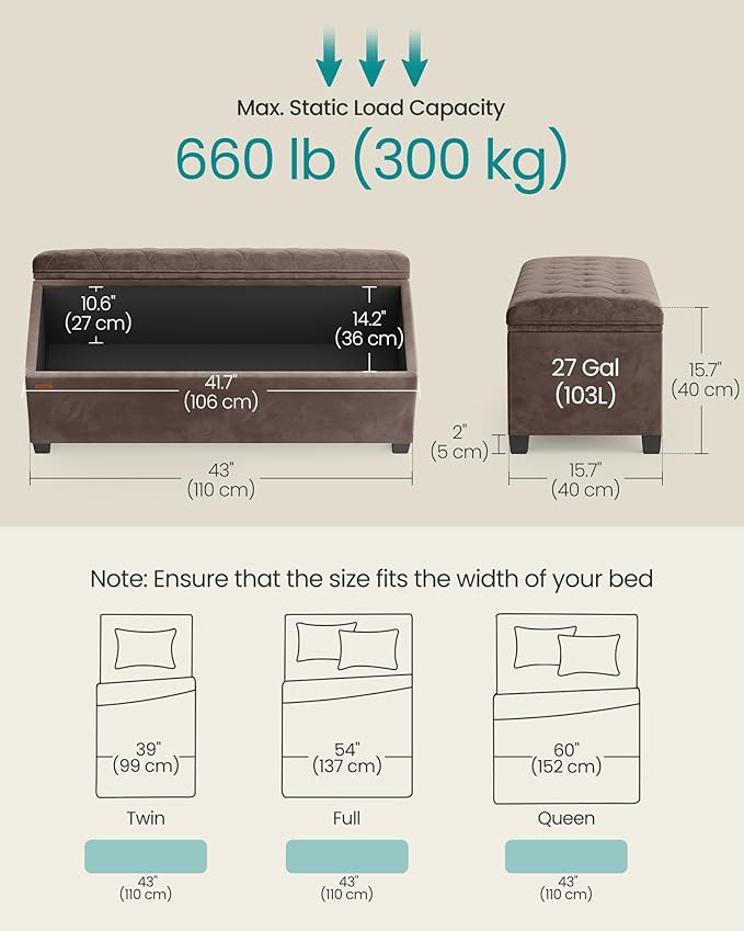 SONGMICS Velvet Storage Ottoman Bench, Foot Rest with Legs, 15.7 x 43 x 15.7 Inches, End of Bed Bench, Storage Chest, Load up to 660 lb, for Living Room, Bedroom, Entryway, Walnut Brown ULSF089K01-Ruum Studio Home