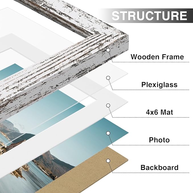 Vittanly 5x7 Picture Frames Set of 9, Shatter Resistant Plexiglass, Display 4x6 Pictures with Mat or 5x7 without Mat, Photo Frames for Wall or Tabletop, Engineered Wood, Distressed White-Ruum Studio Home