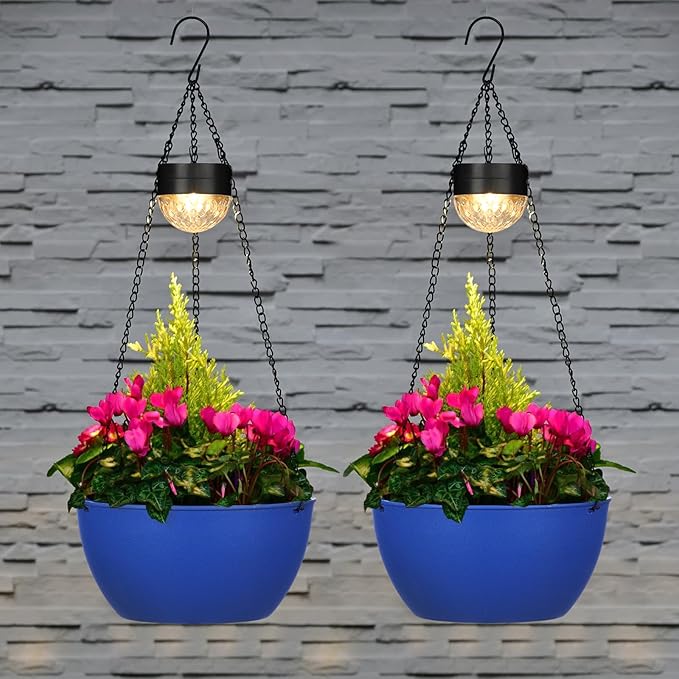 2 Packs Solar Hanging Basket Planters for Plants Outdoor, Self Watering Blue Flower Plants Pots with Solar Light Drainer for Balcony Patio Garden Outdoor Decoration-Ruum Studio Home