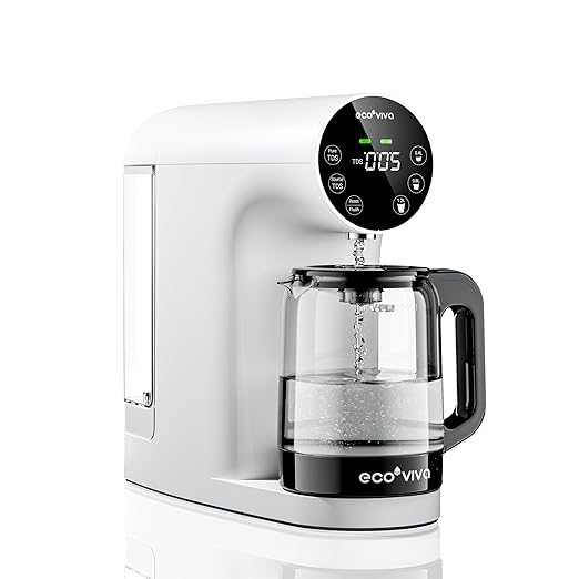 Ecoviva Countertop Reverse Osmosis Water Filter, 6 Stage RO Water Filtration System with Glass Carafe, TDS Displayr, 3:1 Pure to Drain, Portable No Installation Water Purifier White-Ruum Studio Home