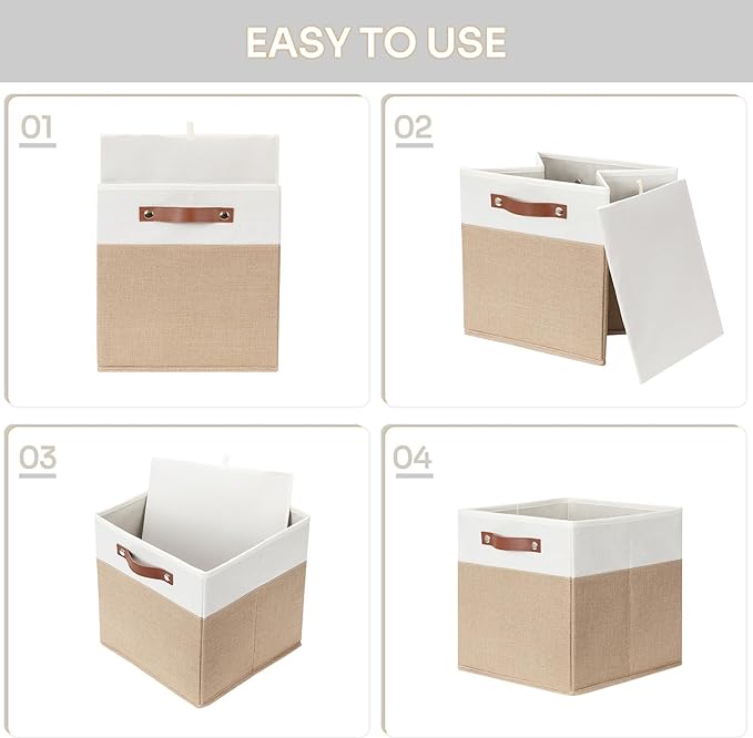 HNZIGE Fabric Storage Baskets Cubes Bins for Shelves, 11 x11 Foldable Storage Bins, Decorative Storage Basket with Leather Handles for Storage Clothes Home Nursery(White Beige-4Pack)-Ruum Studio Home