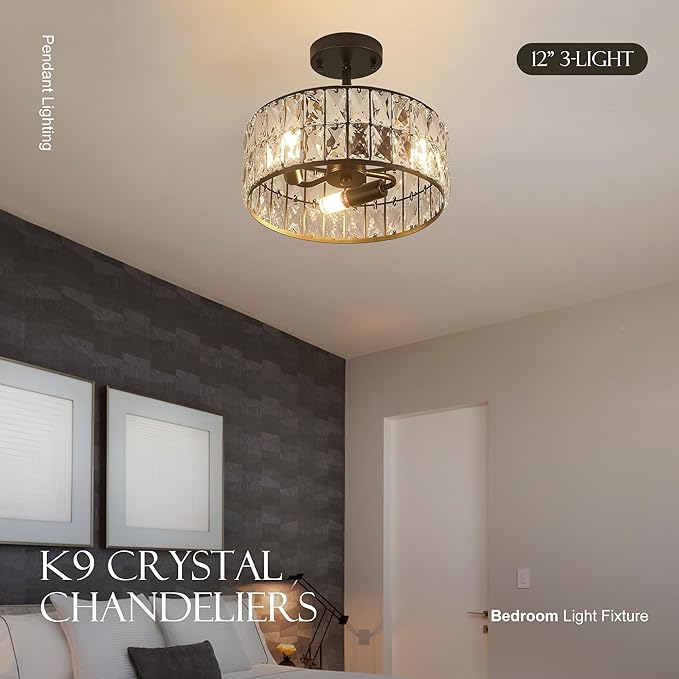 12” 3-Light Modern Crystal Chandeliers Black Dinning Room Light Fixture with Two Poles, Round Pendant Light Kitchen Island Chandelier, Flush Mount Ceiling Light for Living Room Entryway-Ruum Studio Home