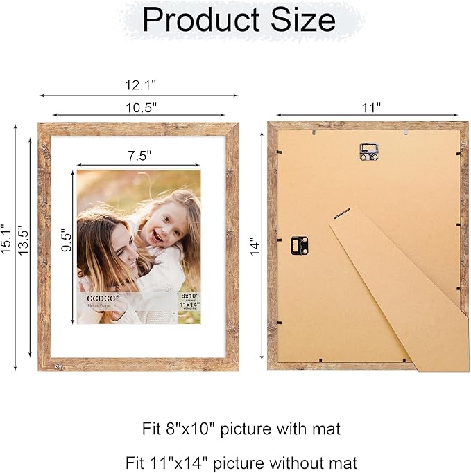 11x14 Picture Frame Set of 4, 11 x 14 Wood Photo Frames with Mat for 8x10, Natural Wooden Frame with Real Glass Cover for Wall and Tabletop Display,Brown-Ruum Studio Home