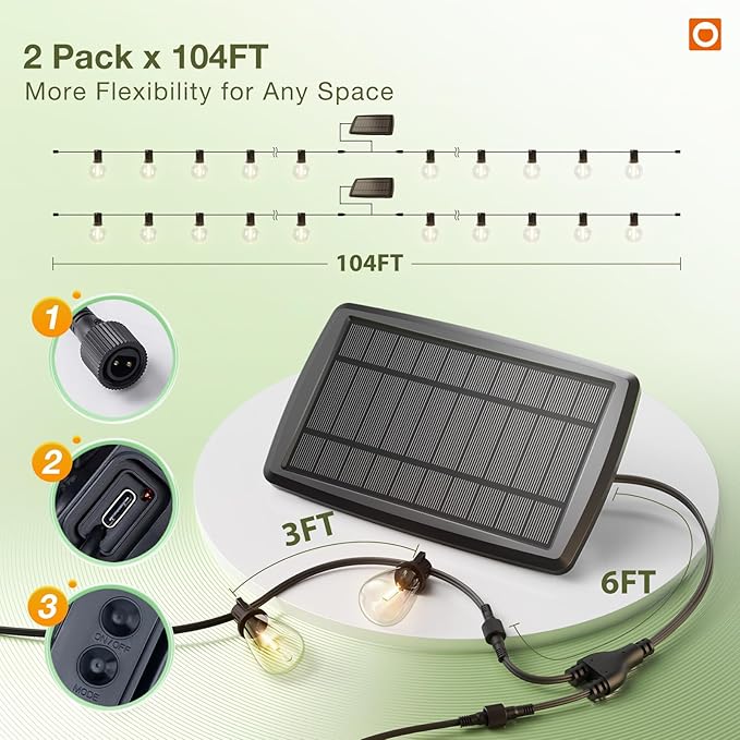 addlon 2 Pack*102FT(96+6) Solar String Lights Waterproof, Patio Lights Solar Powered with Remote & USB Port, 3 Lighting Modes 60+4 LED Shatterproof Bulbs Outdoor Light for Camping Backyard Garden-Ruum Studio Home