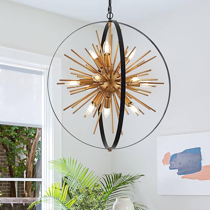 23.2'' Black Gold 12-Light Globe Sputnik Chandelier Modern Industrial Adjustable Hanging Ceiling Firework Pendant Light Fixture for Entryway Foyer Bedroom Dining Living Room Hallway-Ruum Studio Home