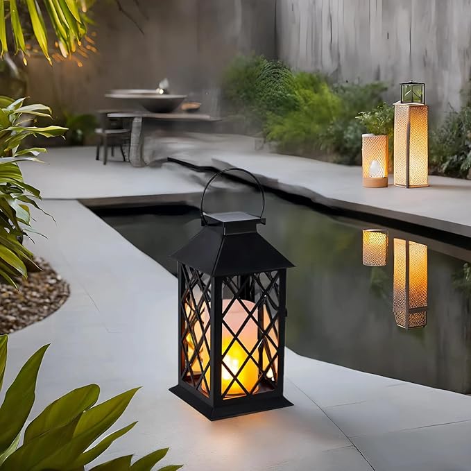 Simplelight 11 Inch Decorative Lanterns-IP44 Waterproof Outdoor Hanging Lantern, Battery Operated Decorative Lantern for Patio, Table, Fireplace with Timer, Black Color (1)-Ruum Studio Home