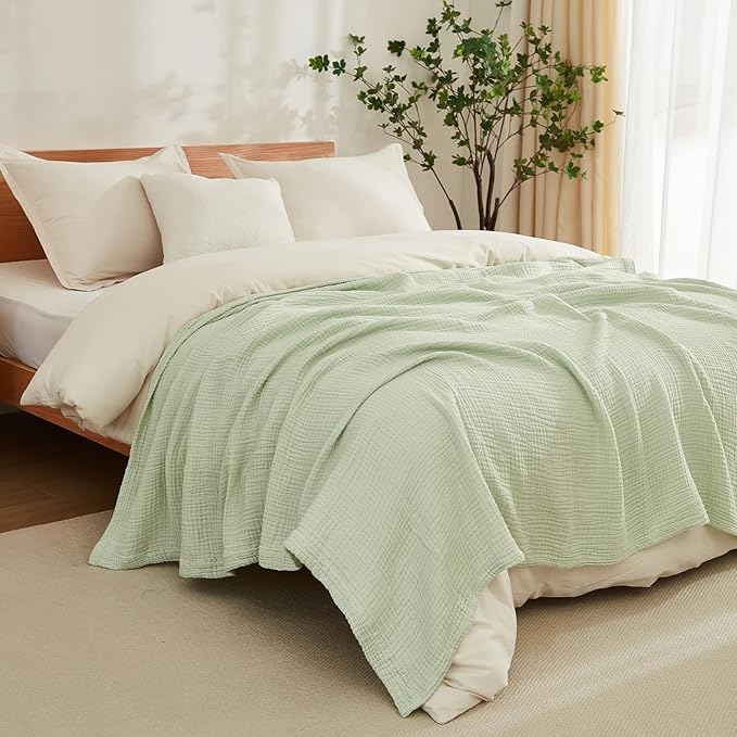 EMME Cotton Blanket Queen Size for Bed Soft Large Muslin Bed Blankets 90"x90" Lightweight Breathable All Season Gauze Blanket, Mint Green-Ruum Studio Home