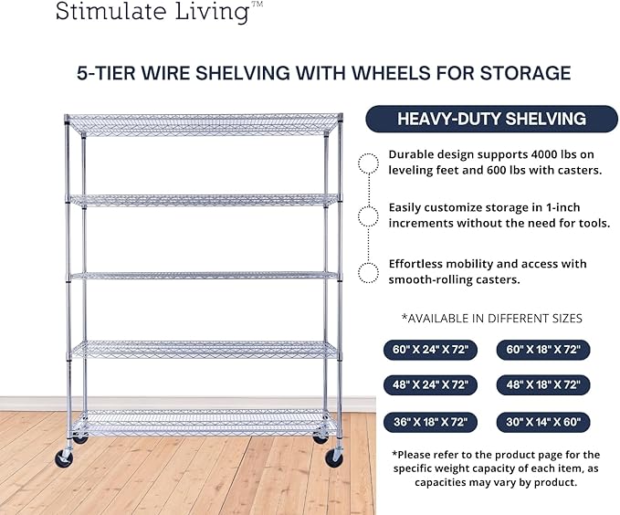 60"x18"x72" PRIME HEAVY DUTY Chrome 5-Tier Wire Shelving 4000 LBS MAX Capacity Storage Rack for Commercial, School, Home, Garage, Warehouse, Industrial, and Hospital Uses (with Wheels)-Ruum Studio Home