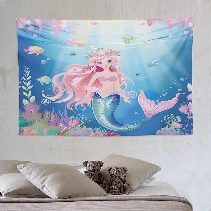 HZOHNAGO Mermaid Girls Tapestry Watercolor Mermaid Princess Pattern Printed Wall Tapestry Wall Hanging for Bedroom Living Room Dorm 90" W x 60" H-Ruum Studio Home